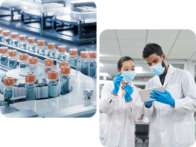 Pills assortment; scientists examining tablet.