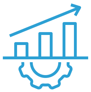 Graph with upward trend and gear symbol.