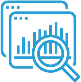 Magnifying glass analyzing bar graphs illustration.