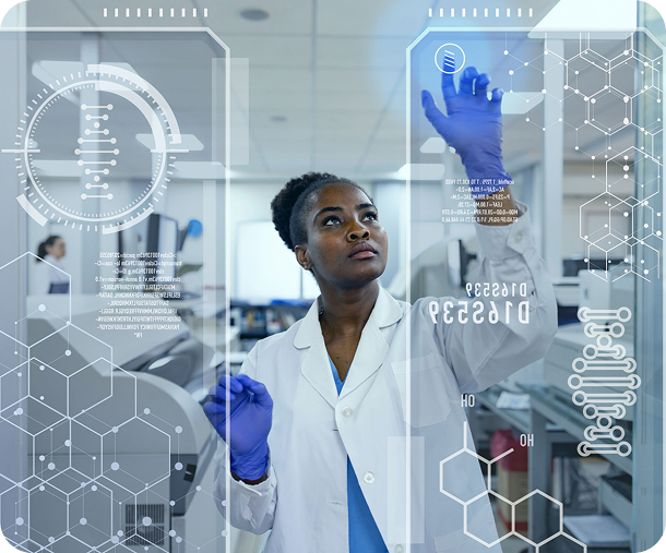 Scientist interacting with futuristic digital interface.