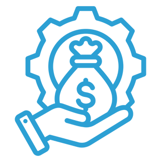 Hand holding money bag and gear icon.