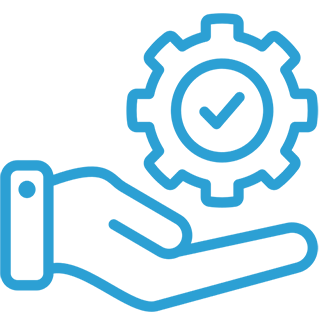Hand holding gear with checkmark icon.